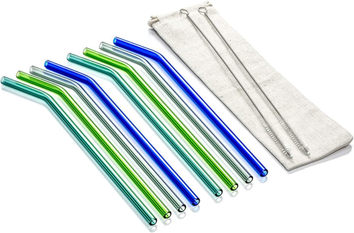 Assorted Color Bent Glass Straw Set with Nylon Cleaning Brushes