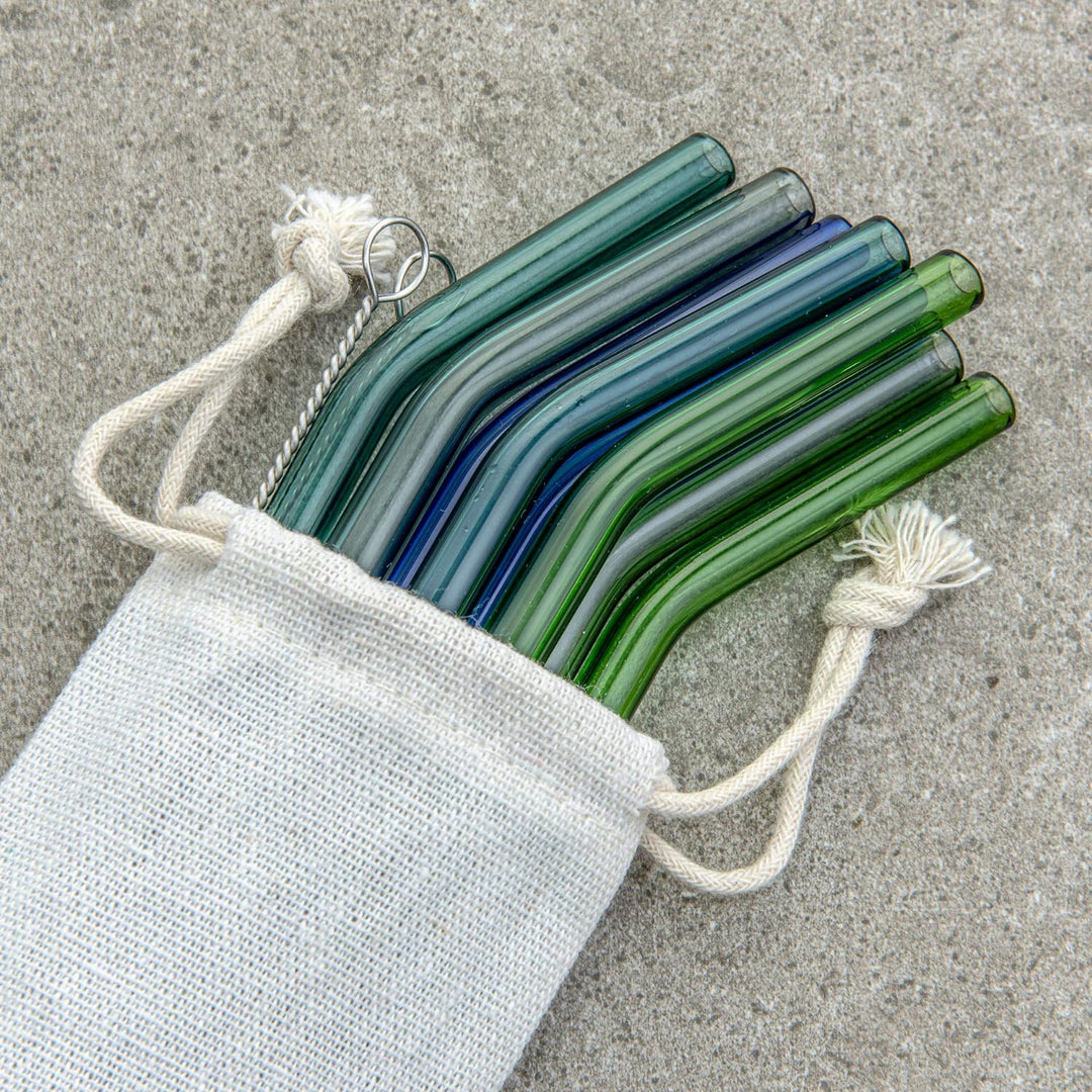 Assorted Color Bent Glass Straw Set with Nylon Cleaning Brushes