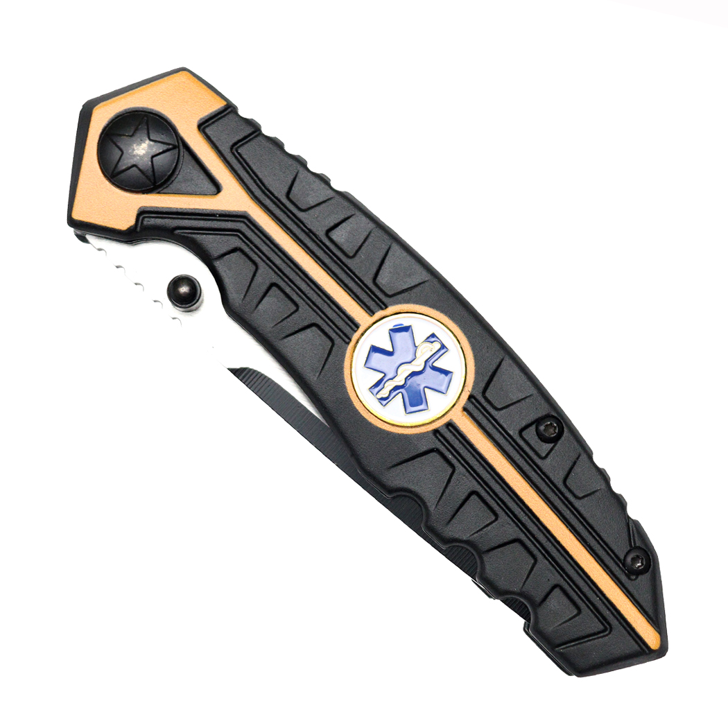 8" Black & Orange Aluminum Handle Two Tone Blade Spring Assisted Folding Knife with Belt Clip