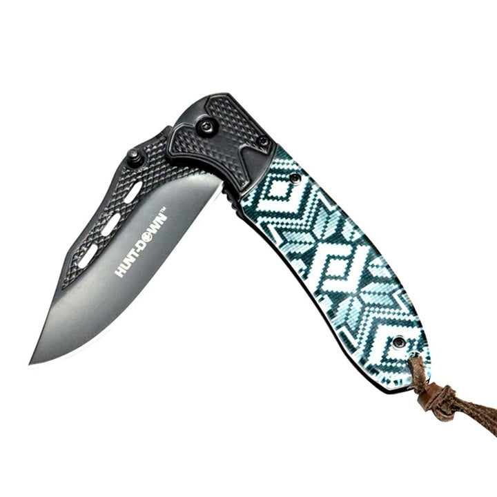 8" Spring Assisted Folding Knife Stone-wash Black Blade Designer Handle