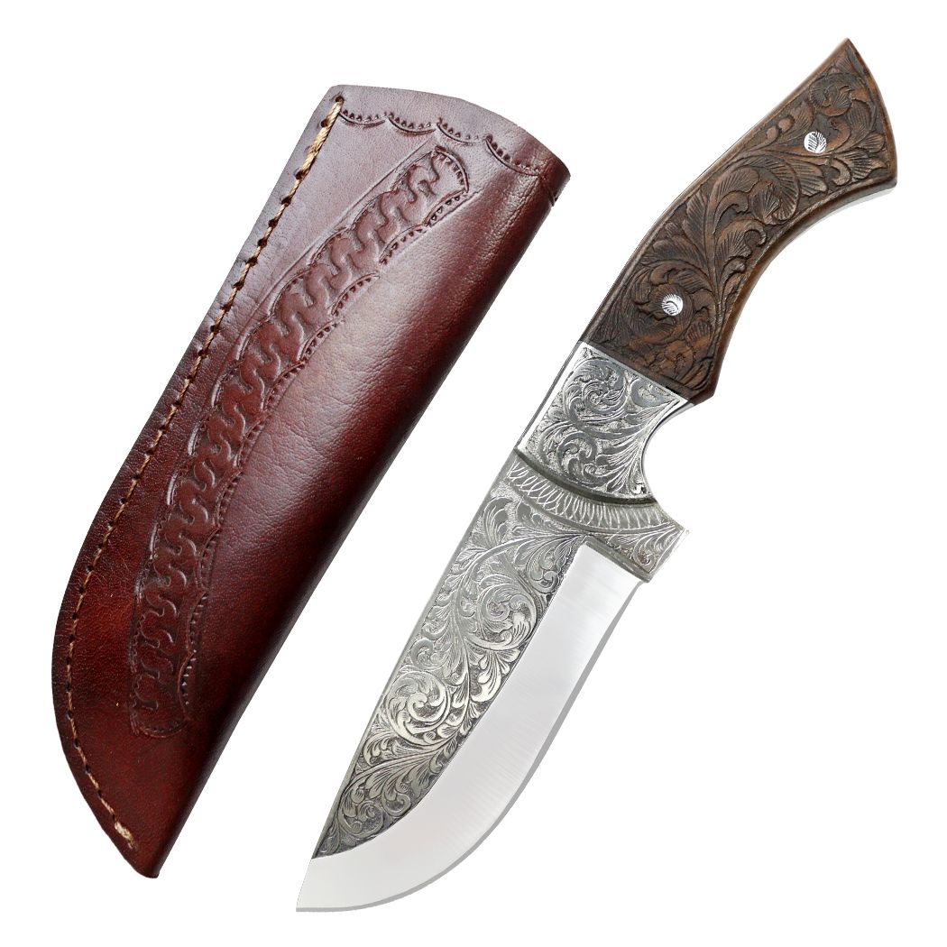 10" Engraved Blade Rose Wood Handle Custom Hand Made Tracker Hunting knife With Sheath